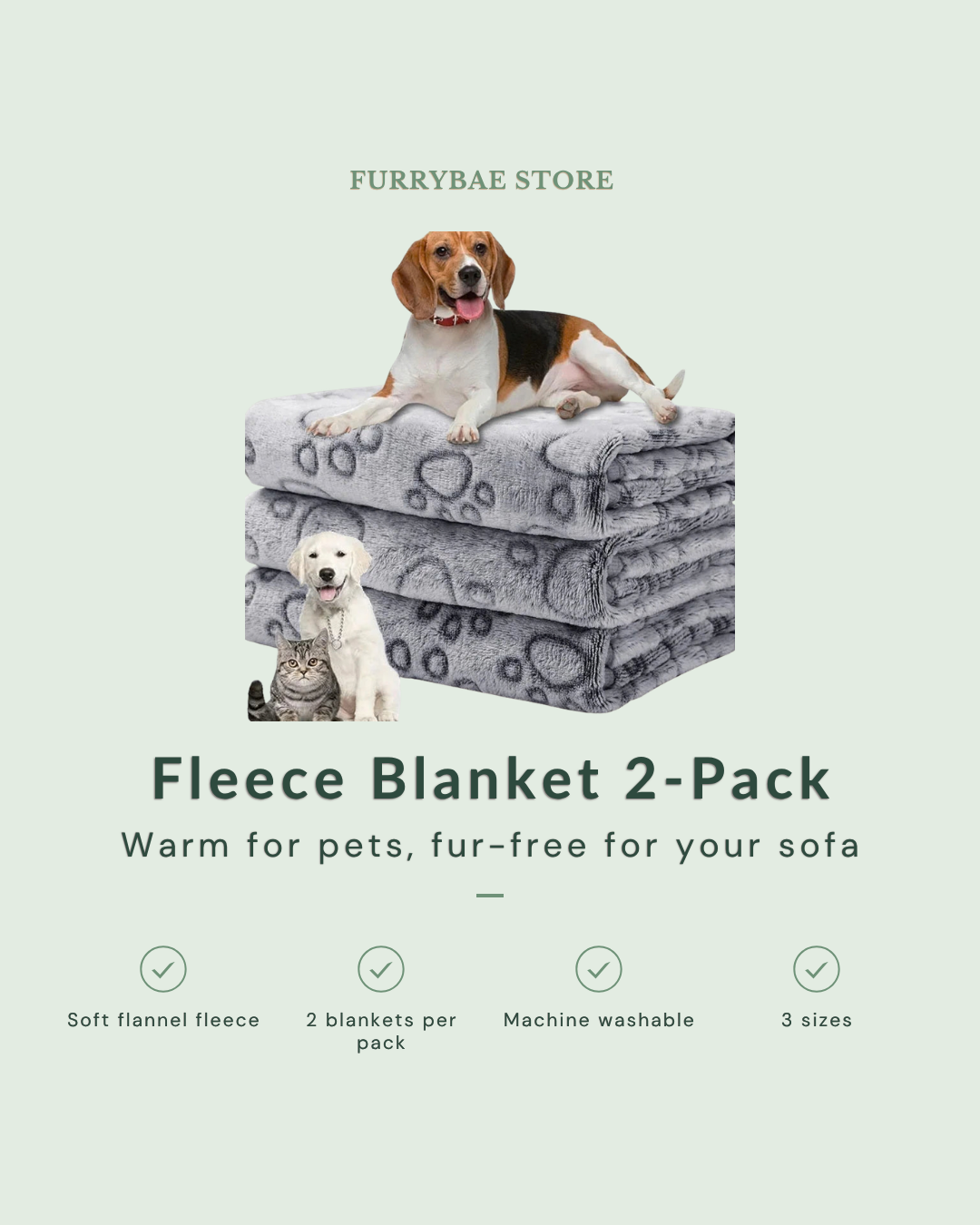 Soft Fleece Pet Blanket 2-Pack - paw print, machine washable, 3 sizes