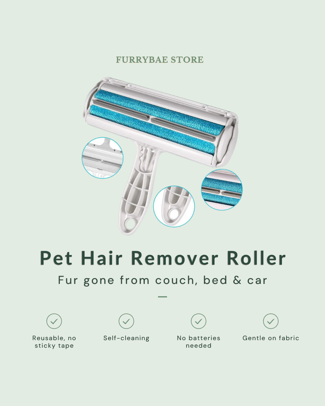 Pet Hair Remover Roller - reusable, self-cleaning, no batteries