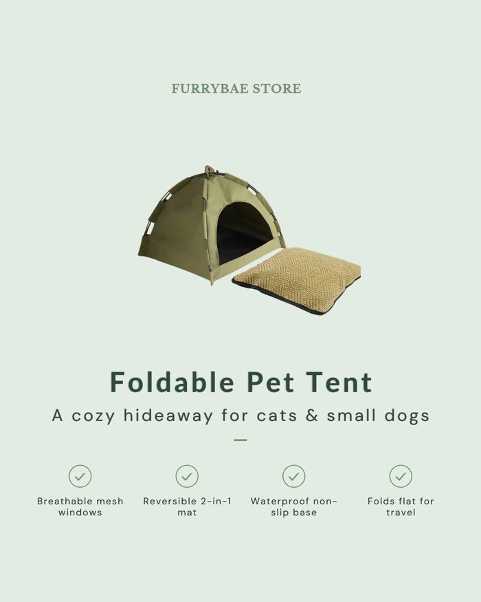 Foldable Pet Tent - breathable mesh windows, reversible mat, waterproof base, folds flat