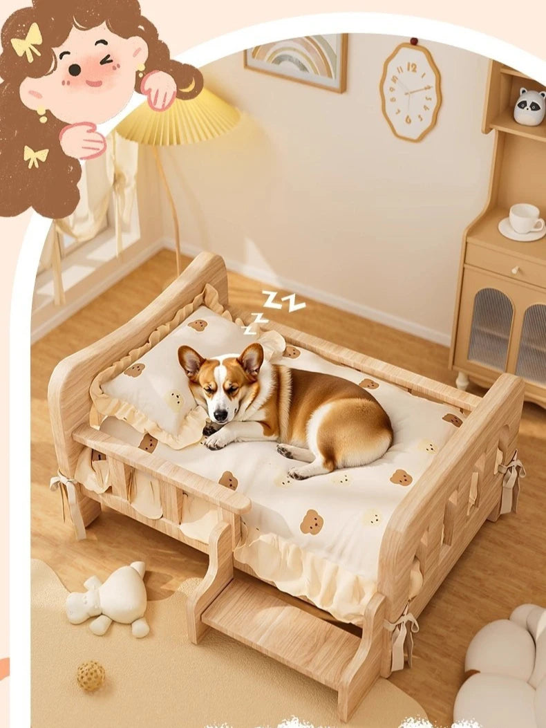 Solid Wood Pet Bed with Cushion